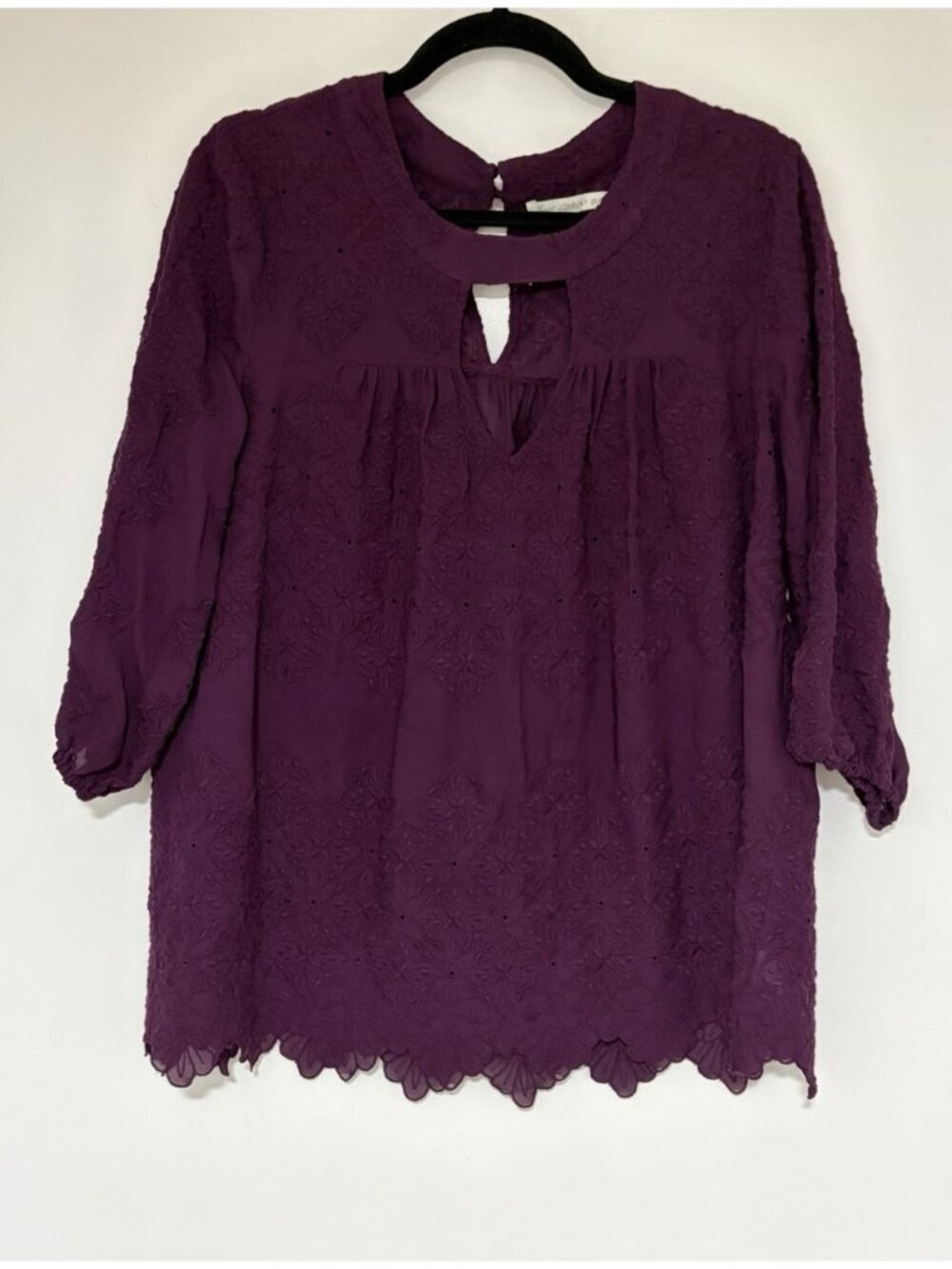 Johnny Was Love Purple Embroidered 3/4 Sleeve 100% Silk Blouse Size Small